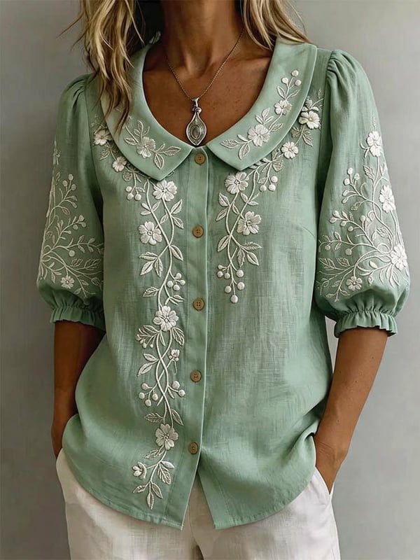 Women'S Casual Floral Cotton Linen Shirt