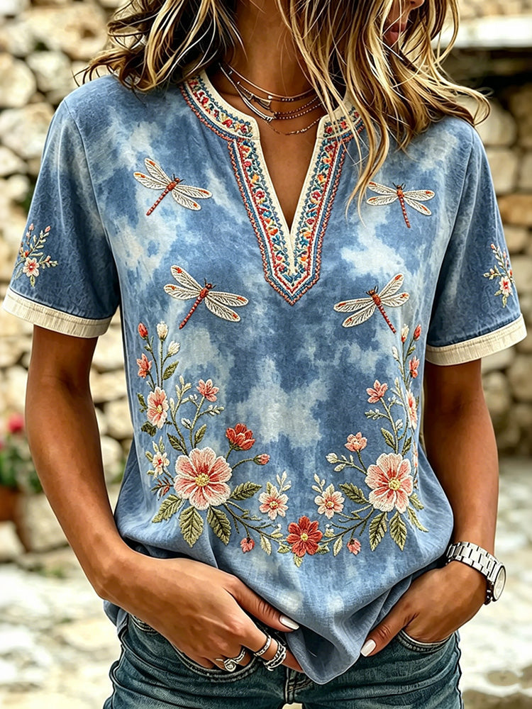 Women's Vintage Bohemian Floral And Dragonfly Art Print Linen Blend Tops