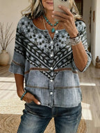Women's Retro-Textured Ethnic Floral Art Print Casual Cutout Top