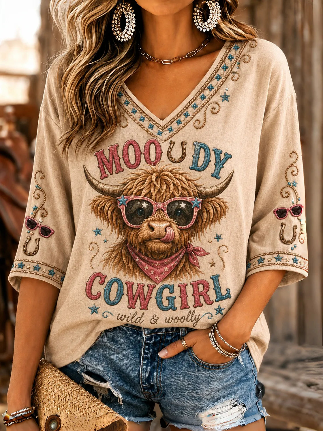 Women's Vintage Fall Farm Highland Cow Graphic T-Shirt