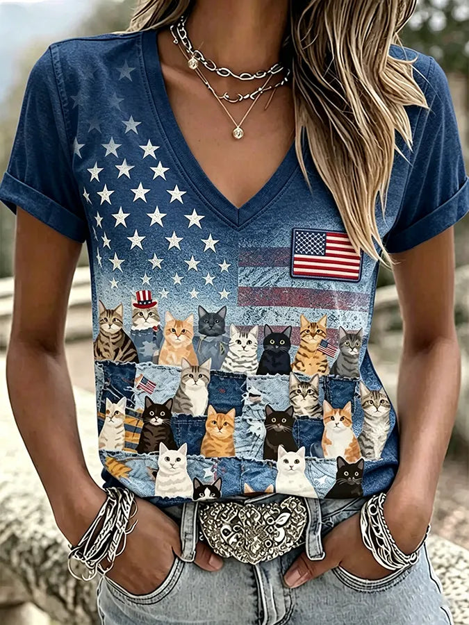Women's Independence Day 250th Anniversary Fun Cat Print Top