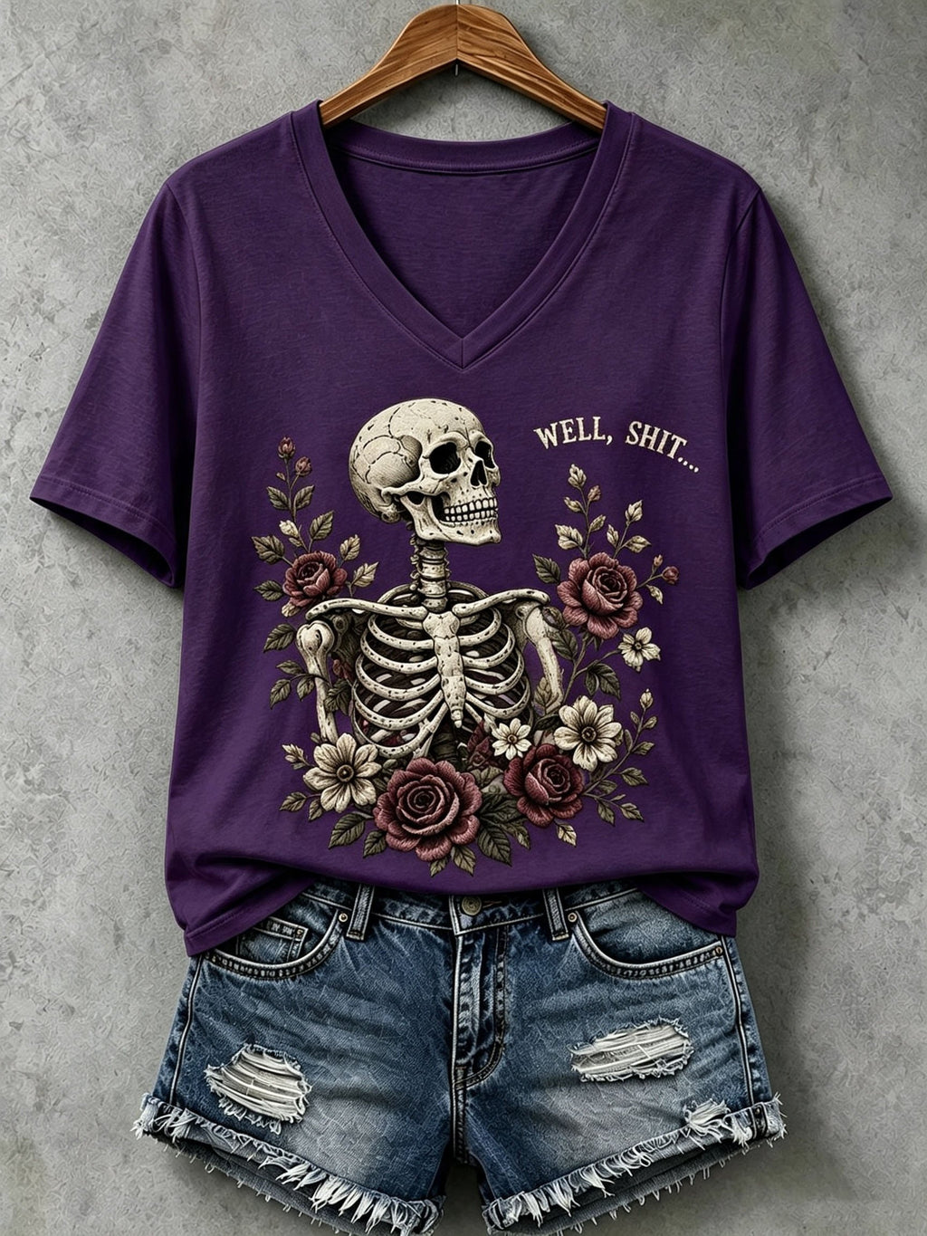 Women's Halloween Well, Shit... Print V Neck T-Shirt