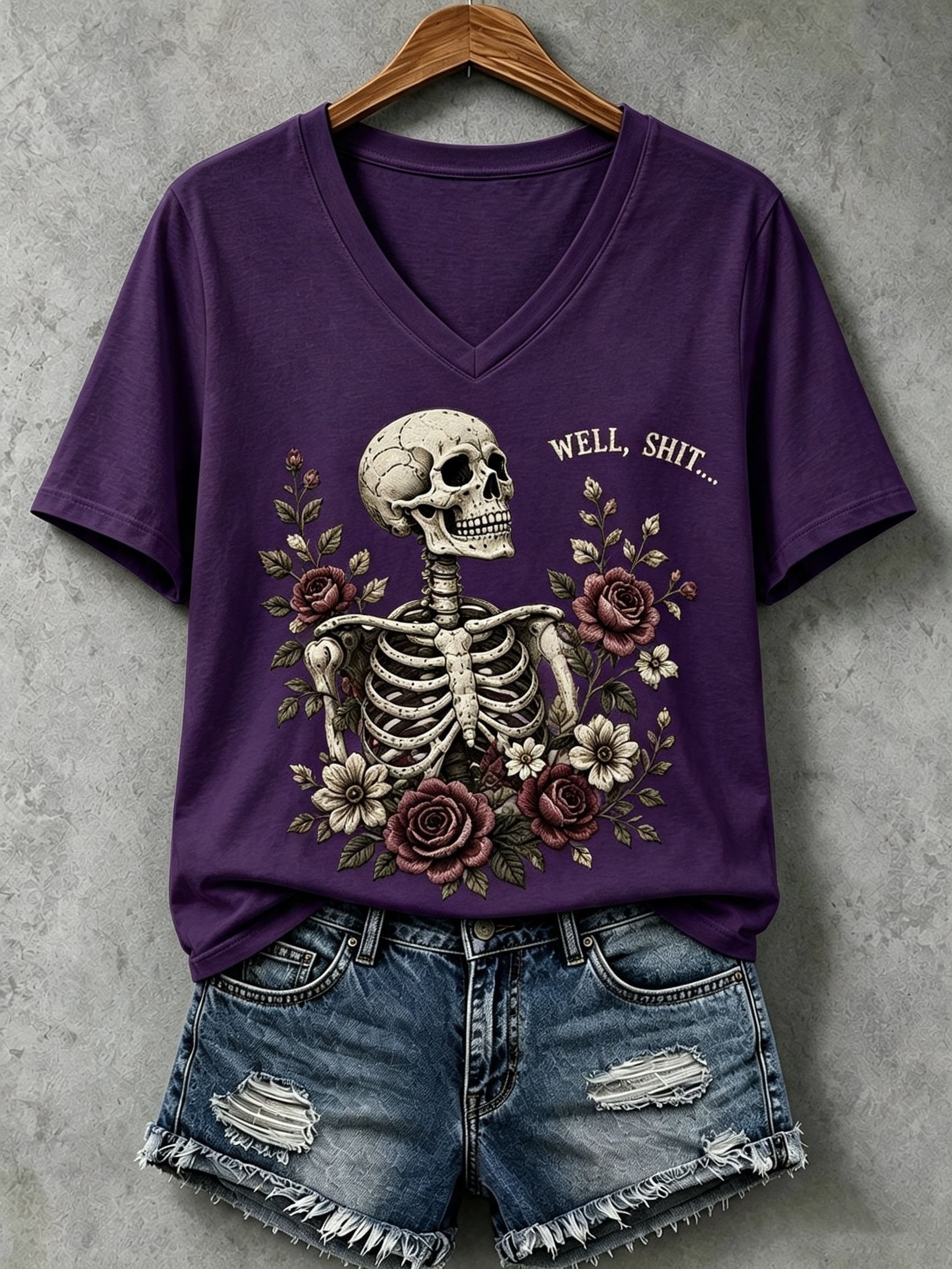 Women's Halloween Well, Shit... Print V Neck T-Shirt