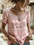 Women's Boho Floral Patchwork Embroidered Puff Sleeve Top