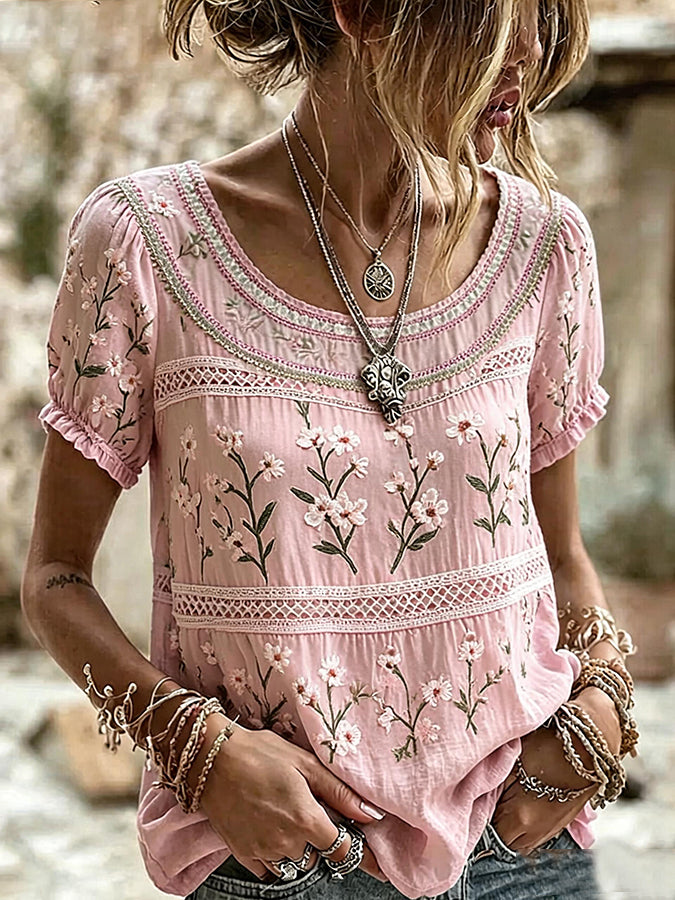 Women's Boho Floral Patchwork Embroidered Puff Sleeve Top