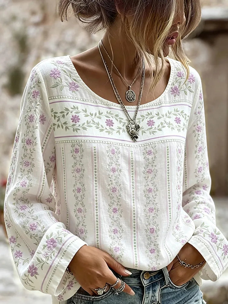 Women'S Retro Floral Art Long Sleeved Linen T-Shirt