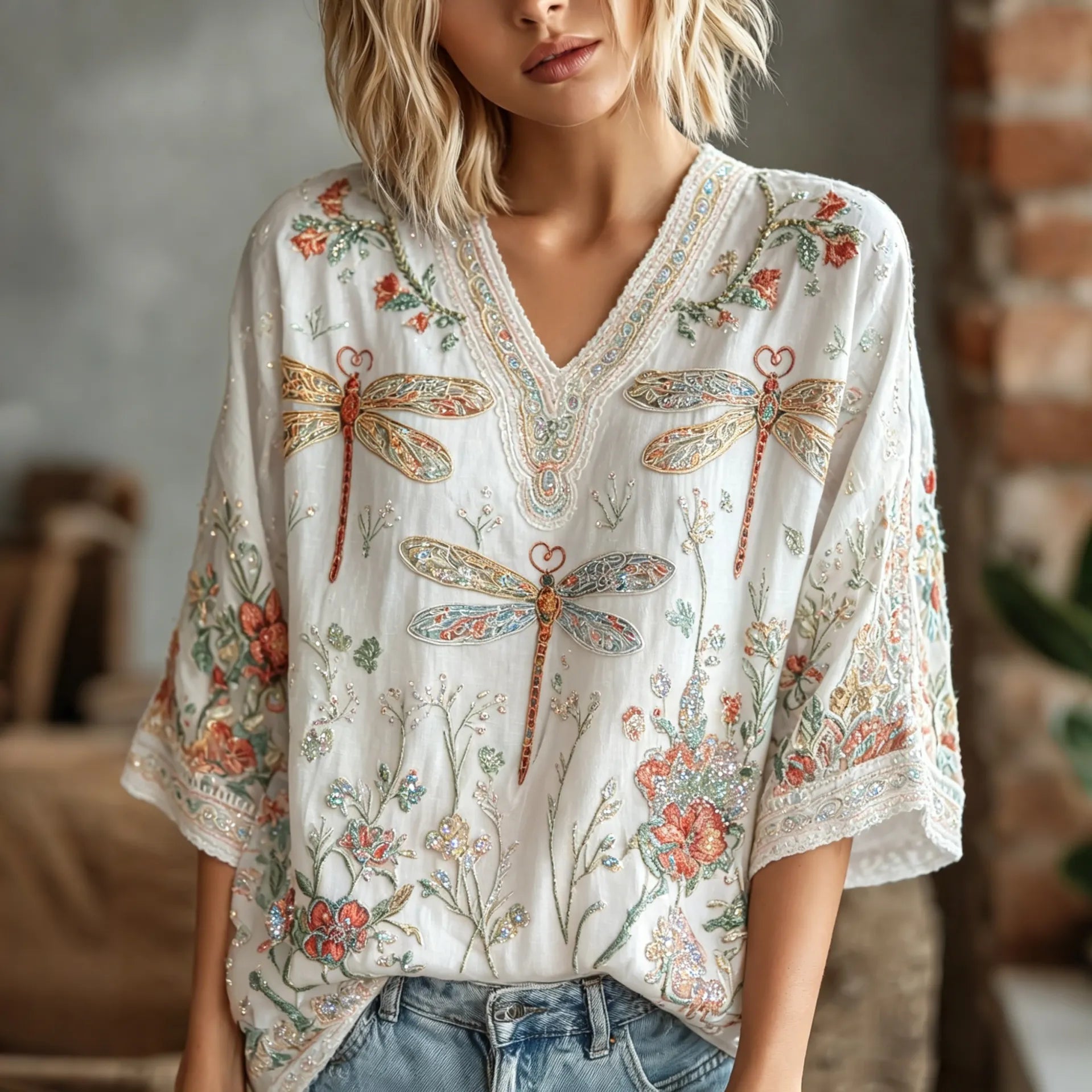 Women's Hippie Floral And Dragonfly In Patchwork Pattern Mid-length Shirts