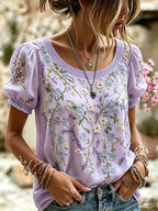 Women's Boho Floral Patchwork Embroidered Puff Sleeve Top
