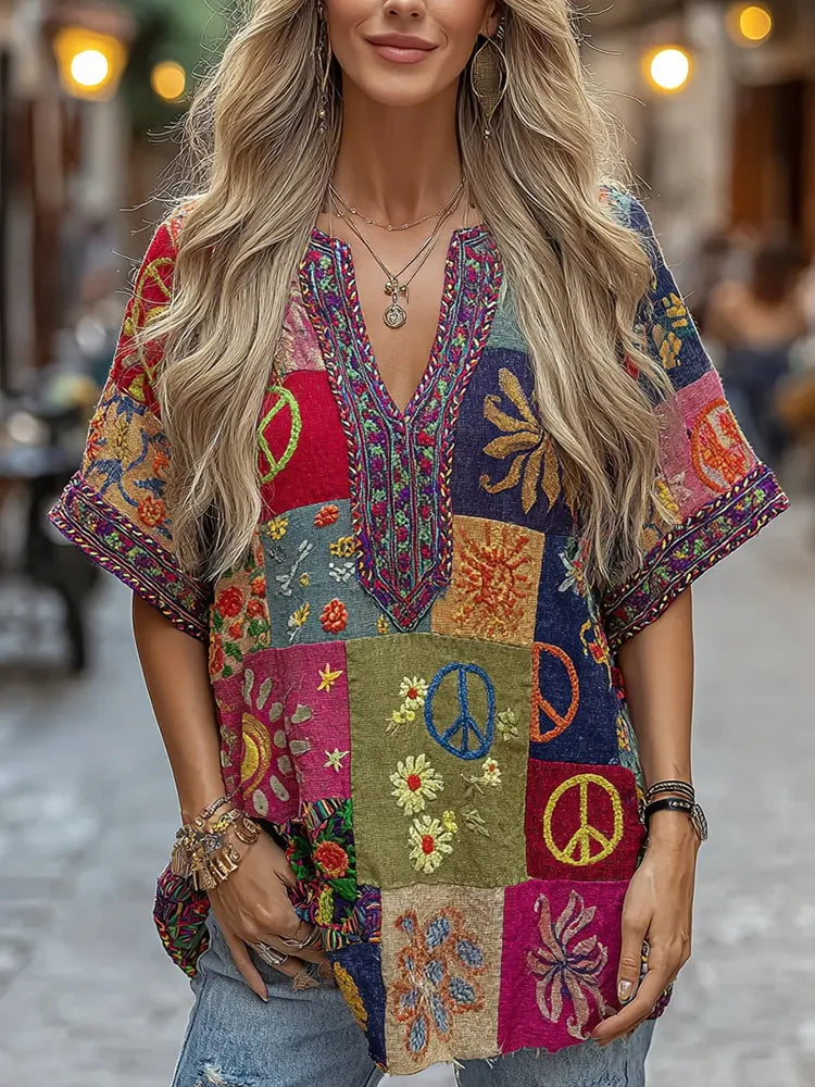 Women's Retro Floral Embroidery Casual Cotton Linen V-neck T-shirt