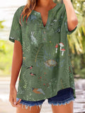 Women's Vintage Botanical Floral Button Design V-Neck Short Sleeve Shirt