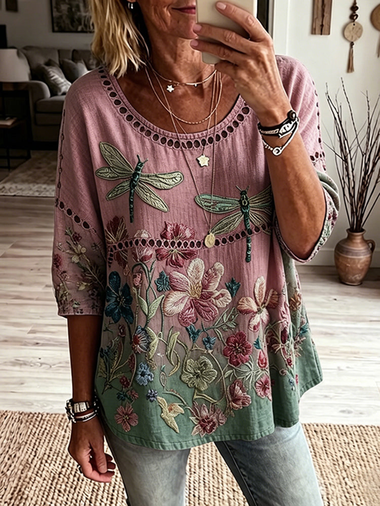 Women's Bohemian Dragonfly And Floral Art Print Flowy Linen Blend Casual Tops