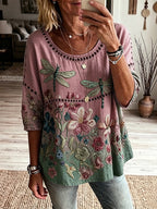 Women's Bohemian Dragonfly And Floral Art Print Flowy Linen Blend Casual Tops