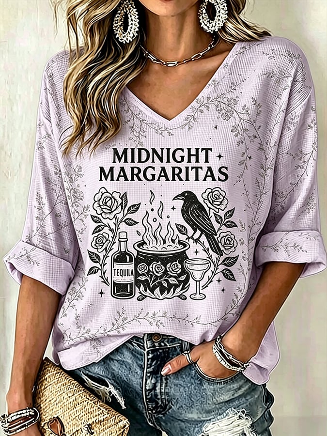 Women's Midnight Margaritas Print V Neck Top