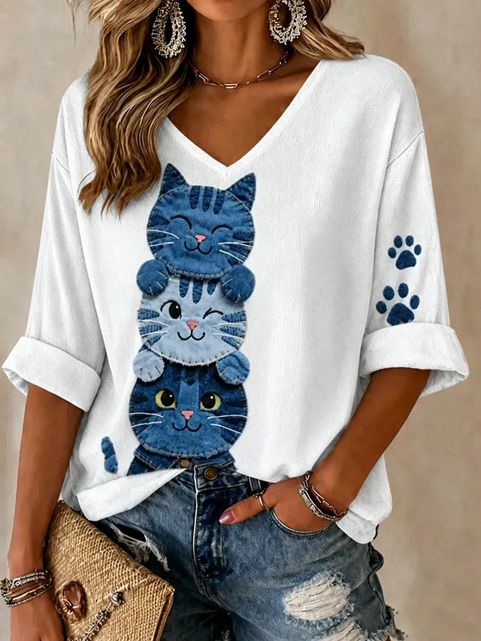 Women's Cats Leisure Print Waffle Top
