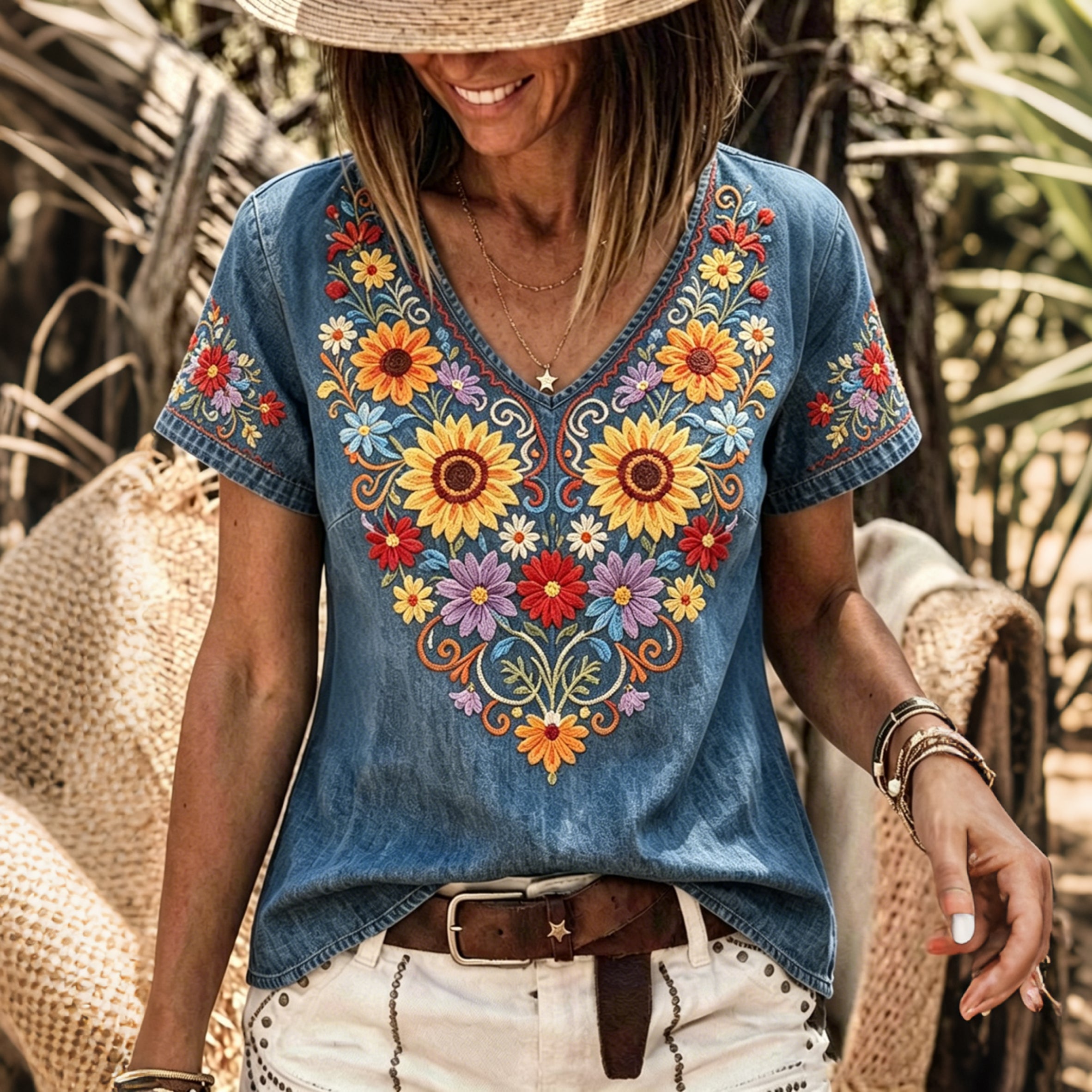 Women's Bohemian Vintage Floral Art Print Linen Blend Tops