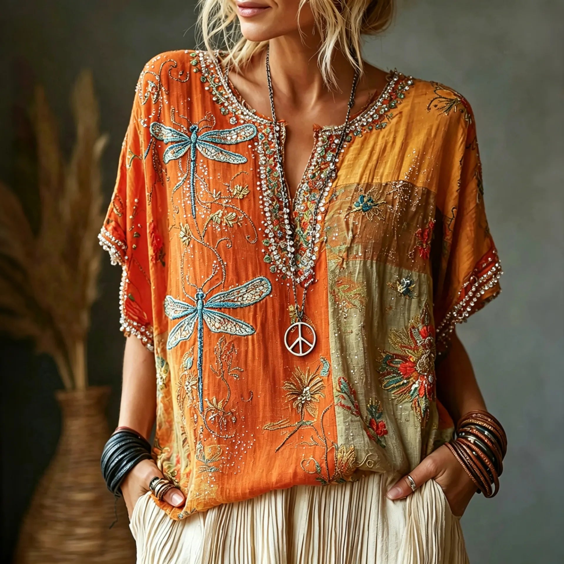 Women's Vintage Hippie Floral And Dragonfly In Patchwork Pattern Art Embroidered Linen Blend Shirts