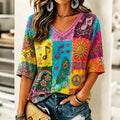 Women's Retro Hippie Patchwork Art V-neck T-shirt