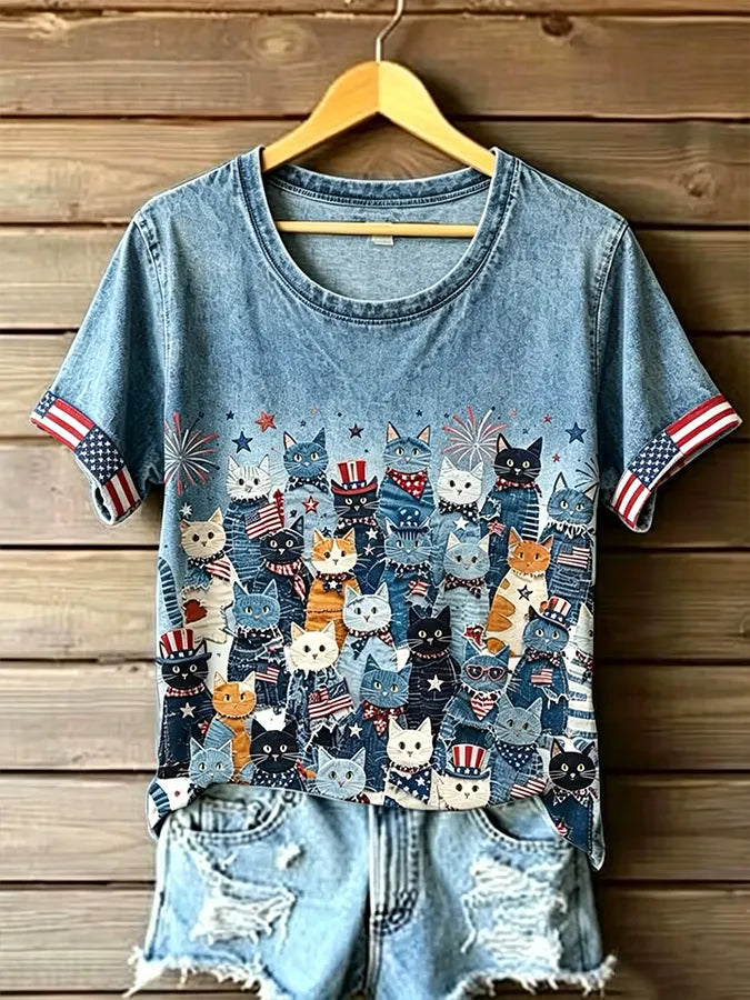 Women's Independence Day 250th Anniversary Fun Cat Print Top