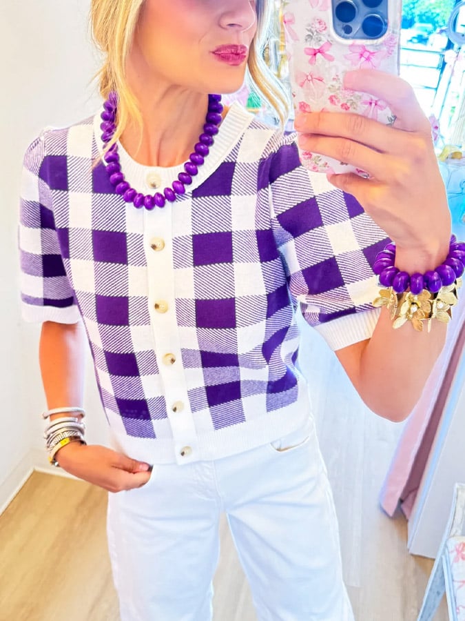 Purple Gingham Cropped Sweater Top