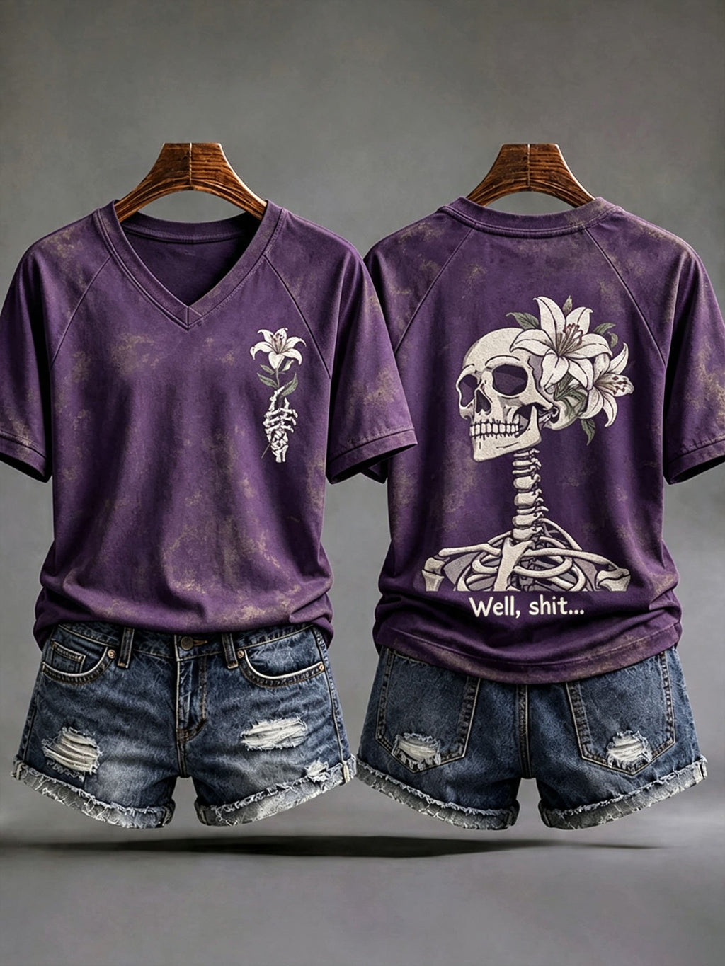 Women's Retro Halloween Well, Shit... Print V Neck T-Shirt