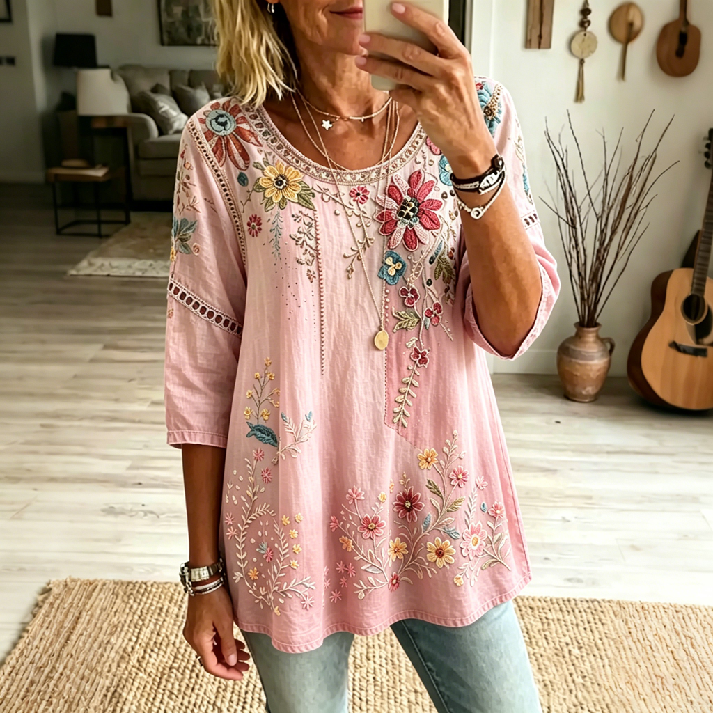Women's Retro Floral Vacation Cotton Linen Top