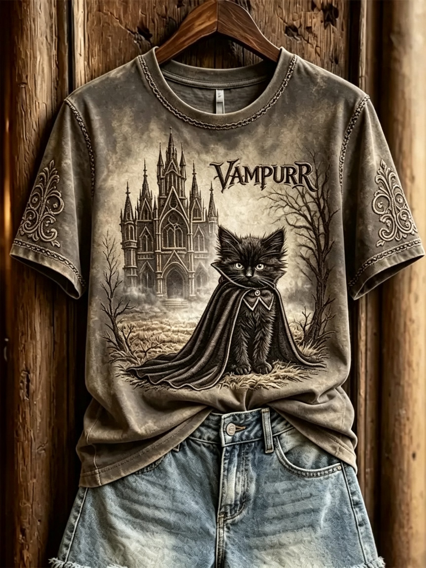 Women's Halloween Vampire Cat Printed T-shirt