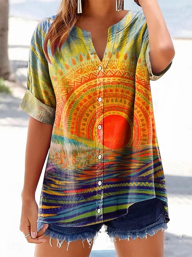 Women's Casual Vintage Sunrise Cotton And Linen Shirt