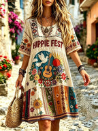 Women's Retro Patchwork Floral Hippie Print Cotton Linen Dress