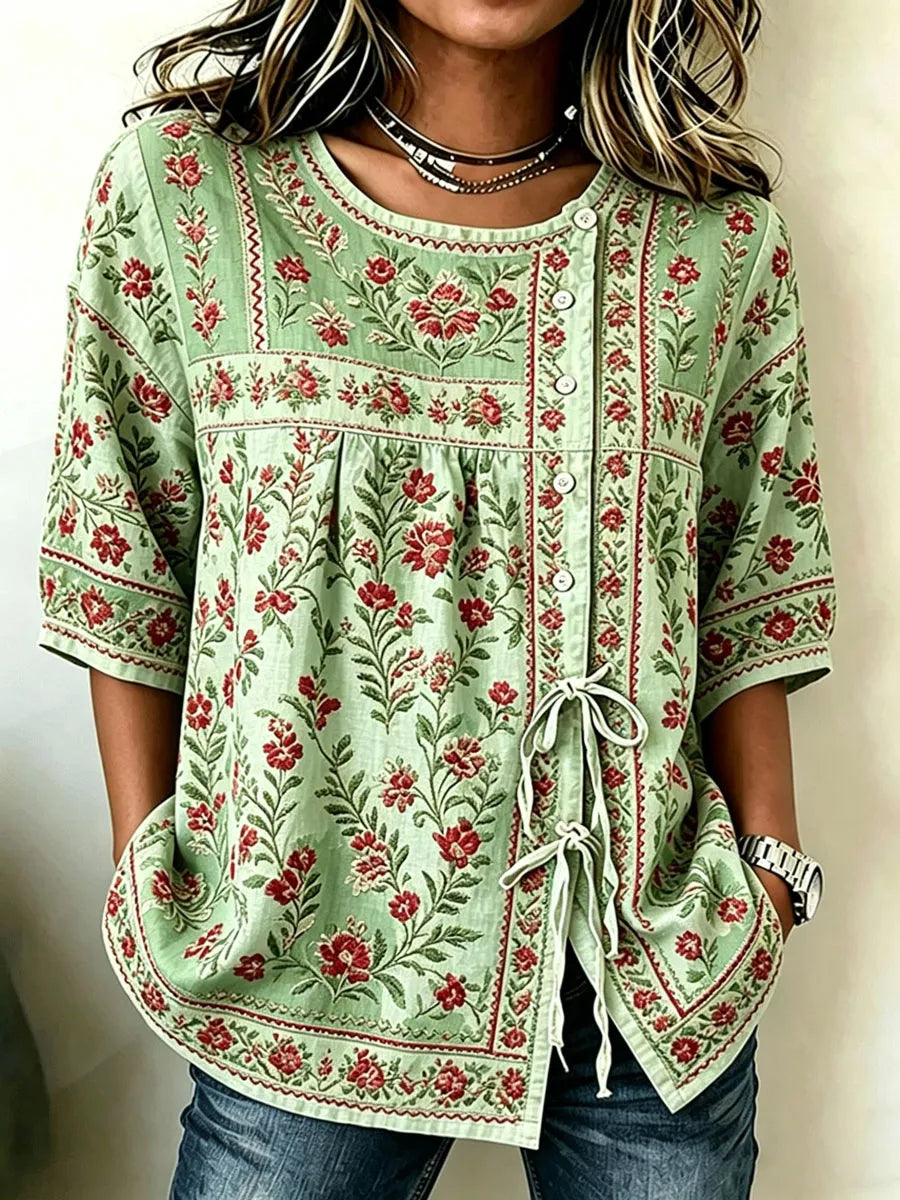 Women'S Cotton And Linen Casual Striped Print Top