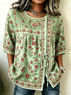 Women'S Cotton And Linen Casual Striped Print Top