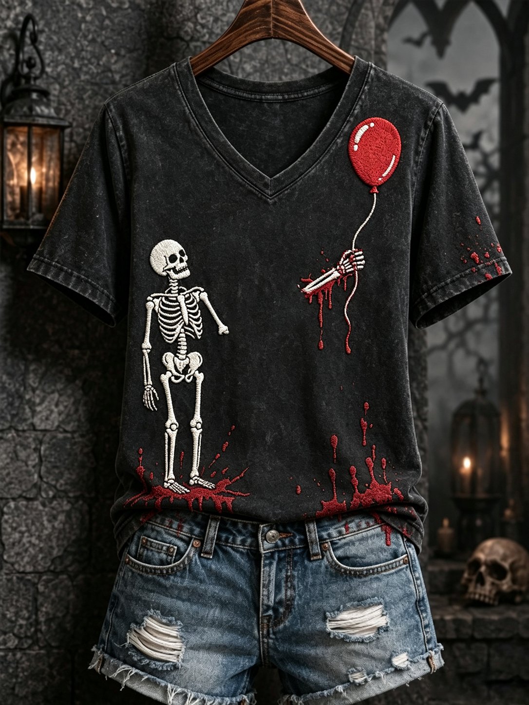 Women's Gothic Halloween Witch & Castle Print Black V-Neck Short-Sleeve T-Shirt