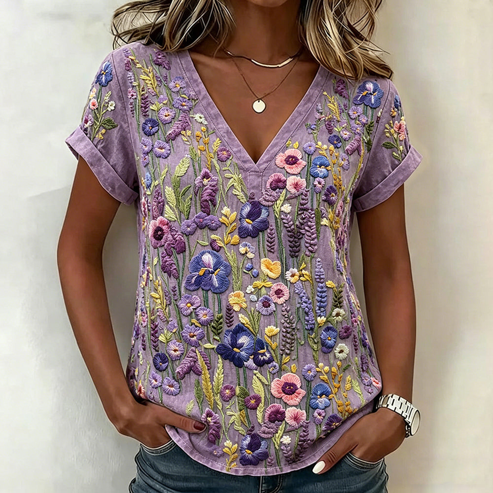 Vintage Violet Wildflower Embroidery Art Washed Cozy T Shirt
