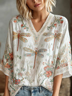 Women's Hippie Floral And Dragonfly In Patchwork Pattern Mid-length Shirts