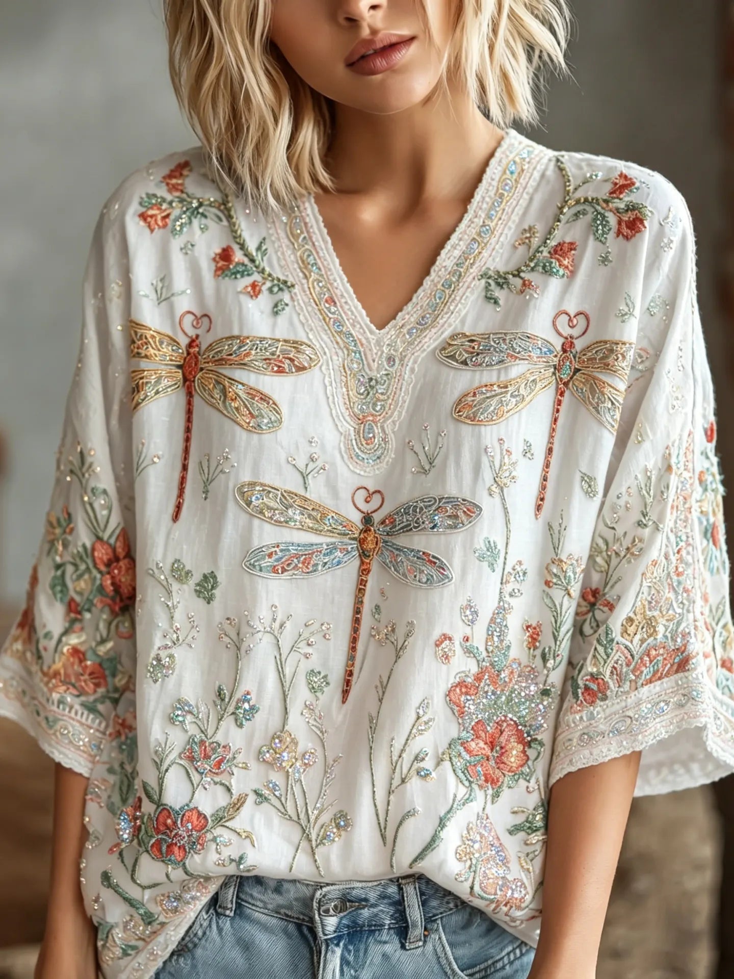 Women's Hippie Floral And Dragonfly In Patchwork Pattern Mid-length Shirts