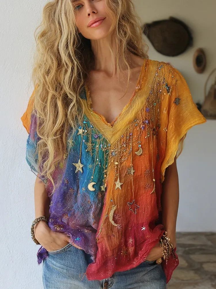 Women's Vintage Hippie Star Moon Gradient Art Flowy Short Sleeve V Neck Tops