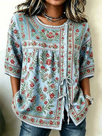 Women'S Cotton And Linen Casual Striped Print Top
