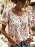Women's Boho Floral Patchwork Embroidered Puff Sleeve Top