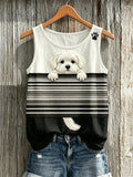 Women's Retro Peeking Maltese Dog Print Sleeveless Baseball Jersey