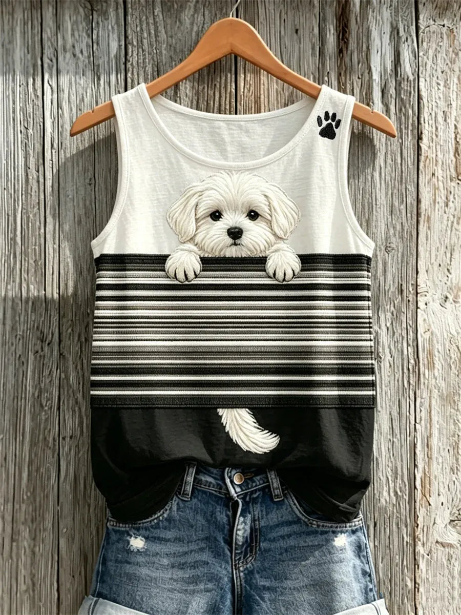 Women's Retro Peeking Maltese Dog Print Sleeveless Baseball Jersey