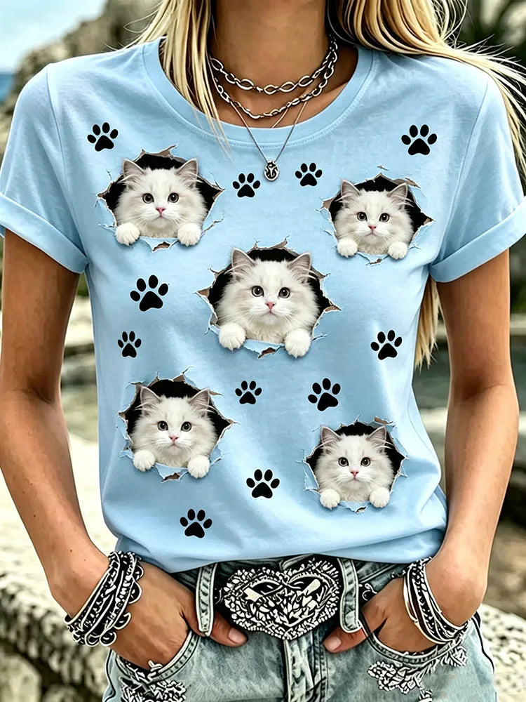 Women's Casual Cute Cat Print Crew Neck Short Sleeve T-Shirt