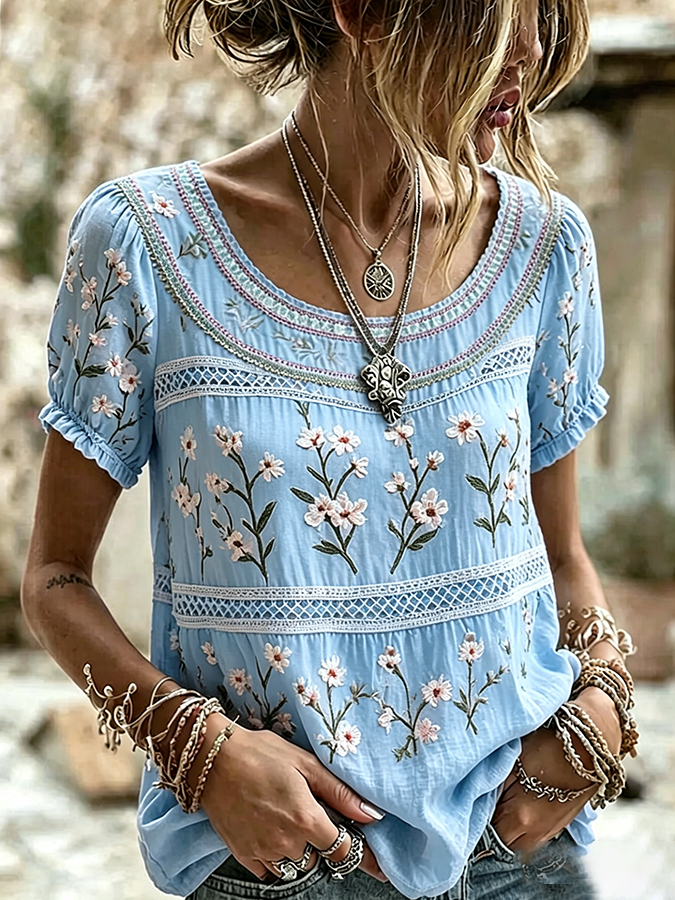 Women's Boho Floral Patchwork Embroidered Puff Sleeve Top