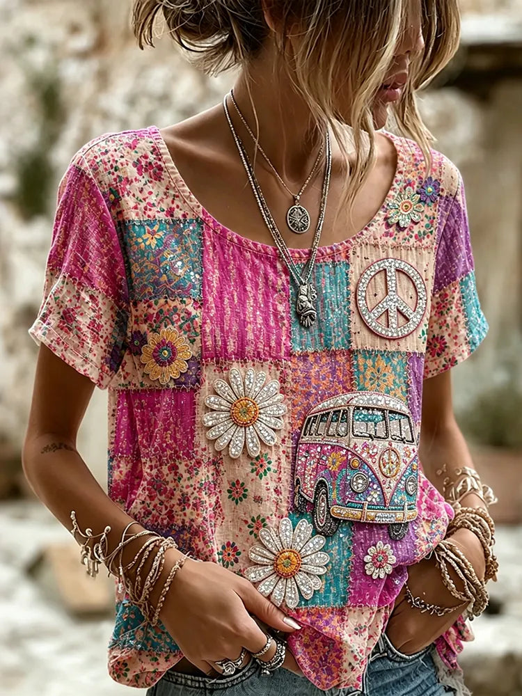 Women's Vintage Hippie Floral Patchwork Art Linen Blend Short Sleeve Tops