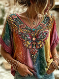 Women's Retro Bohemian Hippie Style Butterfly Embroidered Print V-neck Lace Trim Top