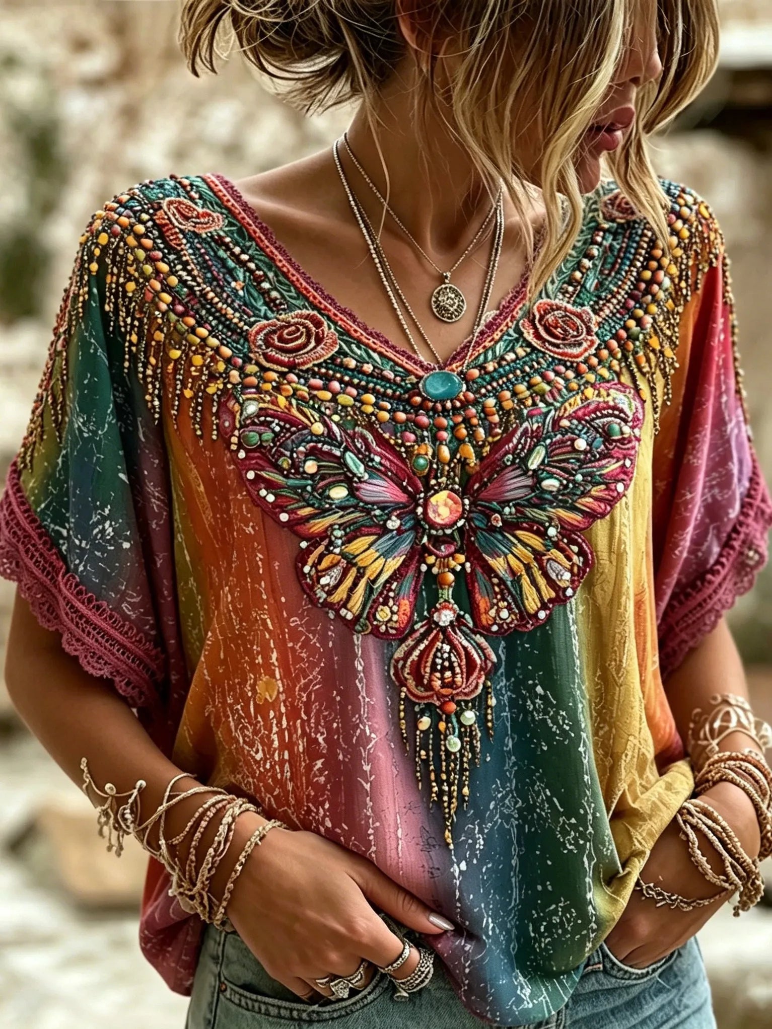 Women's Retro Bohemian Hippie Style Butterfly Embroidered Print V-neck Lace Trim Top