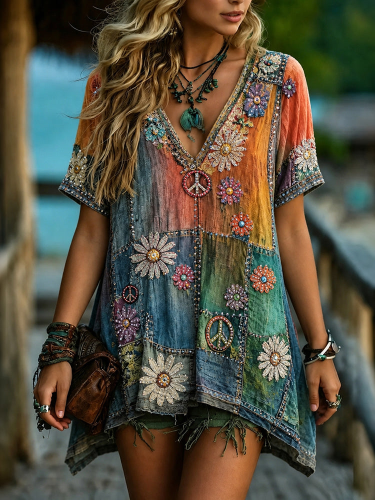 Women's Vintage Hippie Floral Patchwork Art Linen Blend Short Sleeve Tops