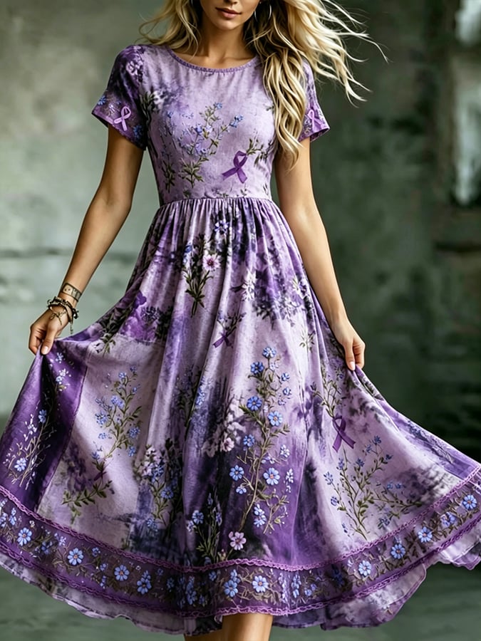 Women's Alzheimer's Awareness Floral Art Print Dress