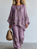 Women's Purple Floral Print Casual Top and Pants Set