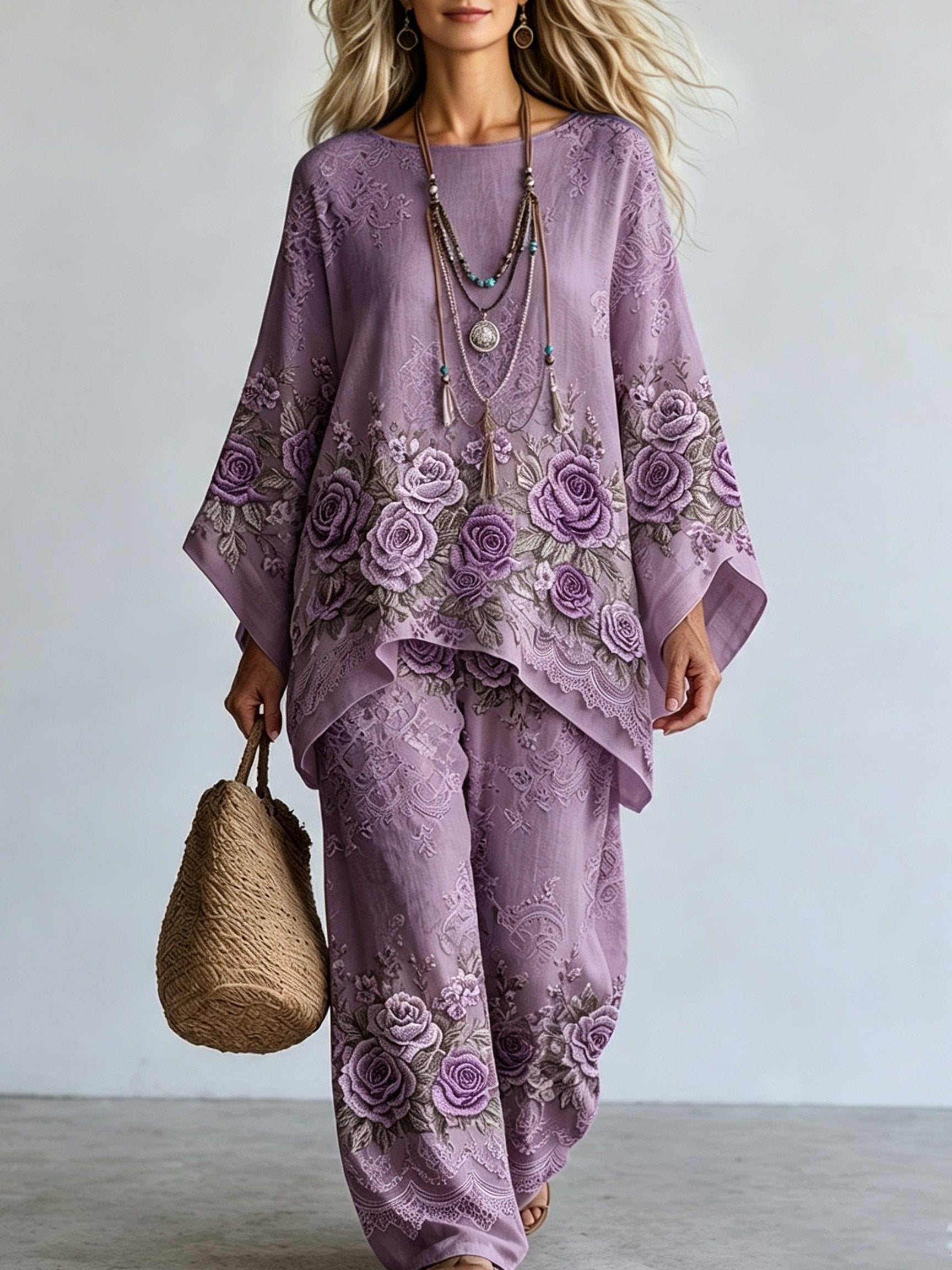 Women's Purple Floral Print Casual Top and Pants Set