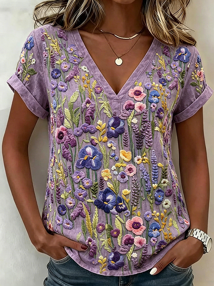 Vintage Violet Wildflower Embroidery Art Washed Cozy T Shirt