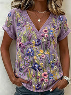 Vintage Violet Wildflower Embroidery Art Washed Cozy T Shirt